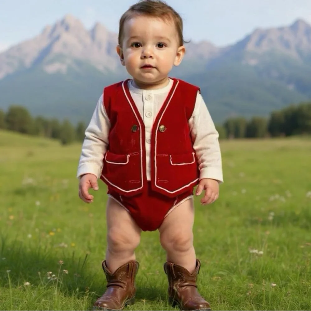 Vintage Buttons & Red corduroy Unisex Childs Vest